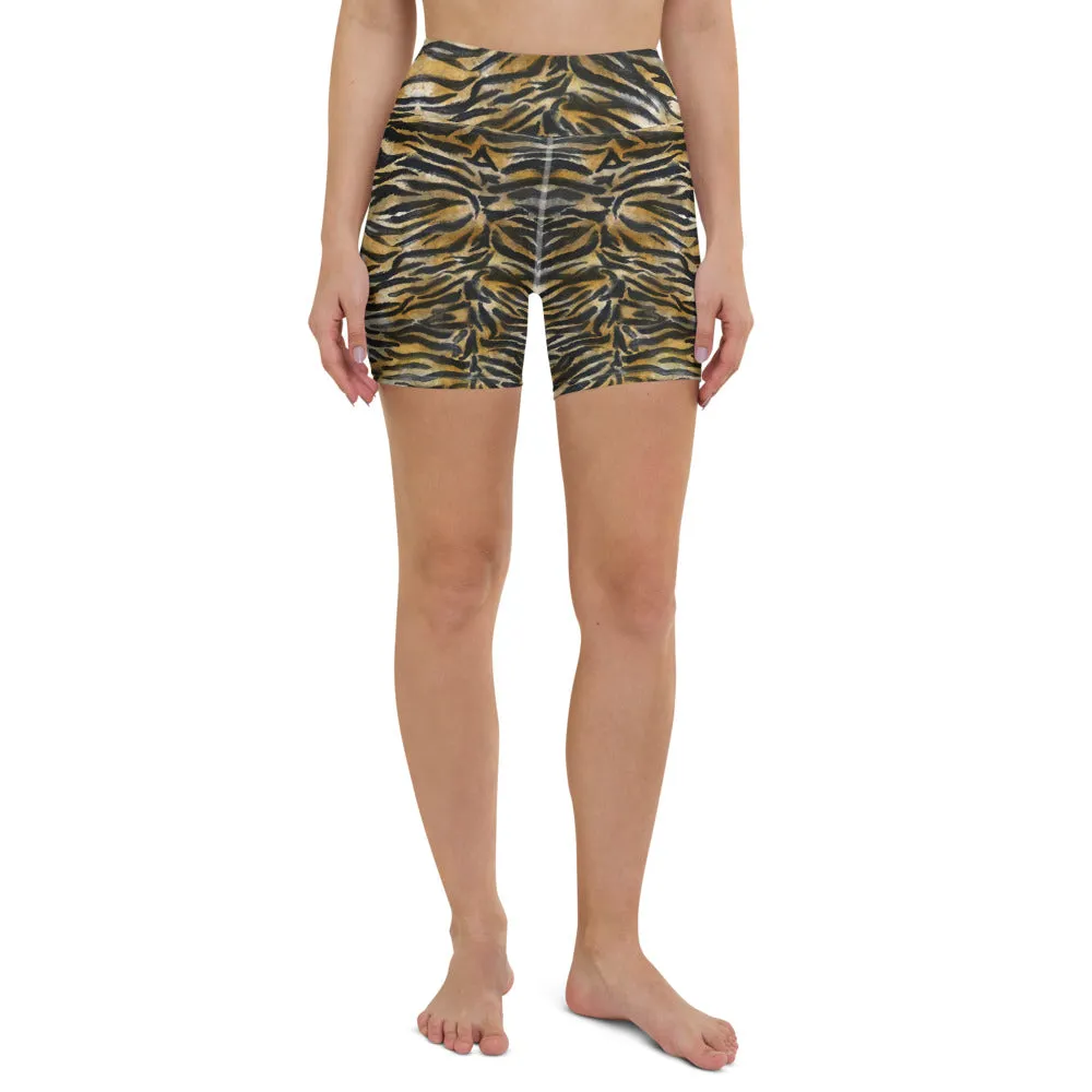 Brown Tiger Stripe Yoga Shorts, Animal Print Women's Fitness Gym Tights-Made in USA/EU