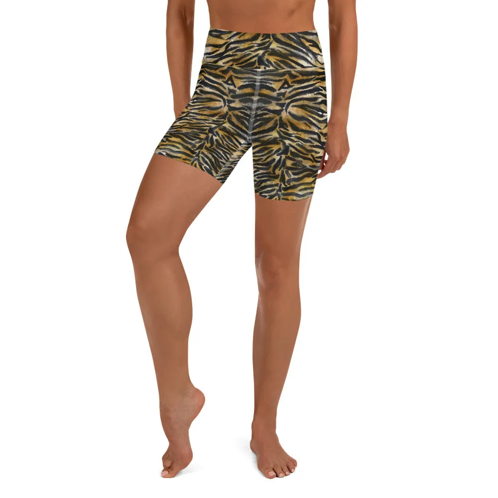 Brown Tiger Stripe Yoga Shorts, Animal Print Women's Fitness Gym Tights-Made in USA/EU