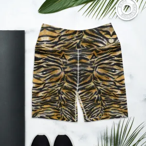 Brown Tiger Stripe Yoga Shorts, Animal Print Women's Fitness Gym Tights-Made in USA/EU