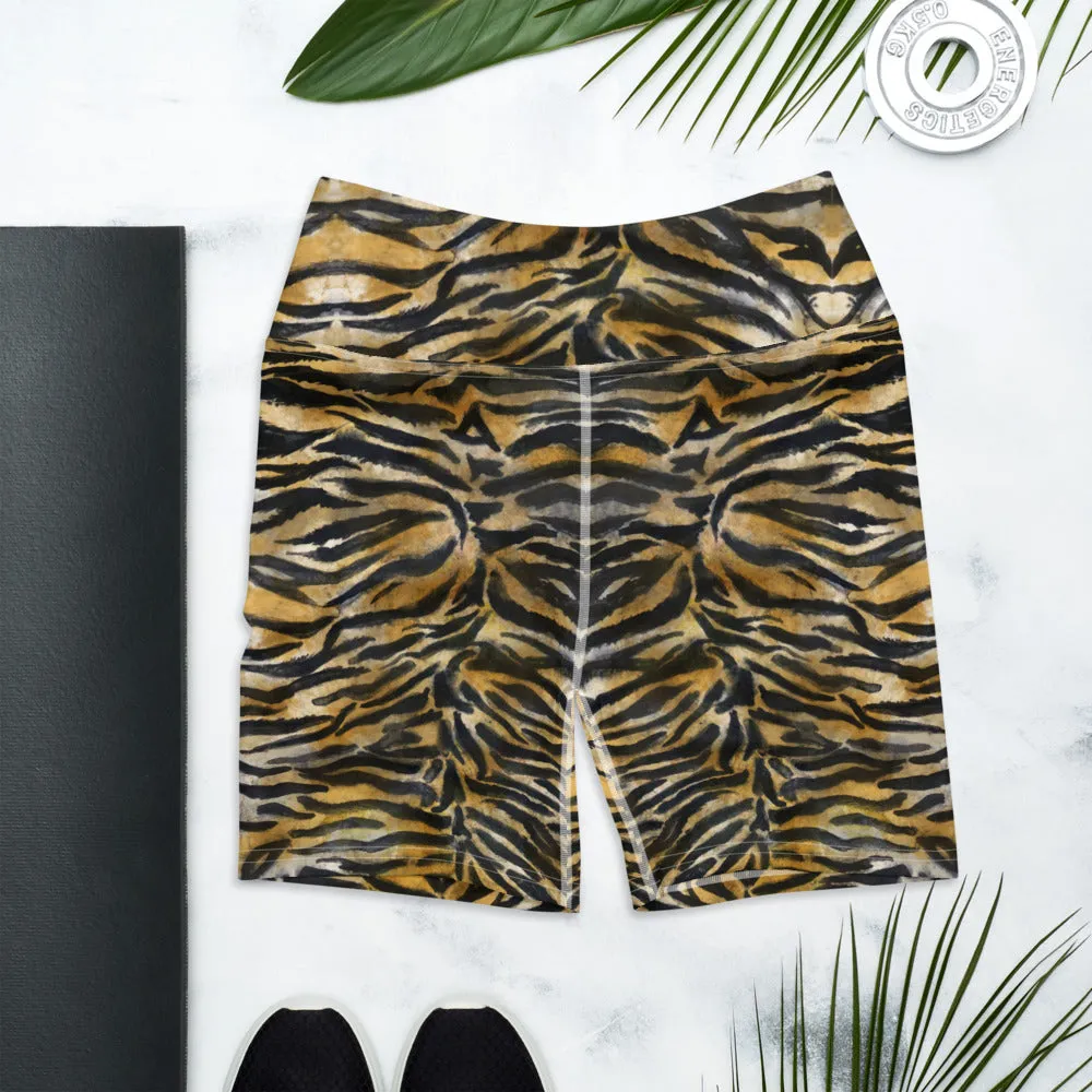 Brown Tiger Stripe Yoga Shorts, Animal Print Women's Fitness Gym Tights-Made in USA/EU