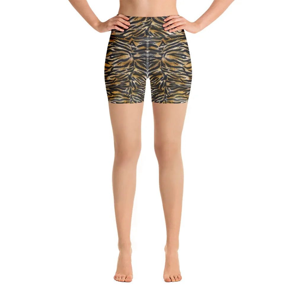 Brown Tiger Stripe Yoga Shorts, Animal Print Women's Fitness Gym Tights-Made in USA/EU
