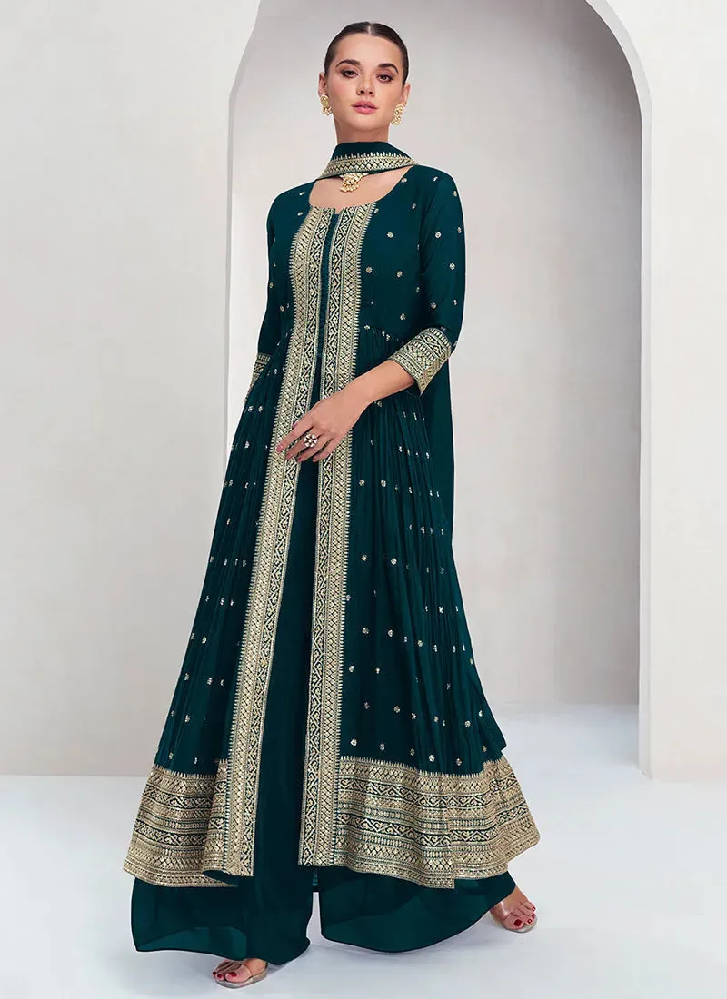 Elegant Dark Green Embroidery Traditional Palazzo Suit