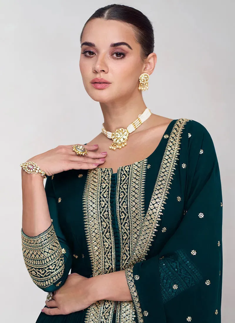 Elegant Dark Green Embroidery Traditional Palazzo Suit