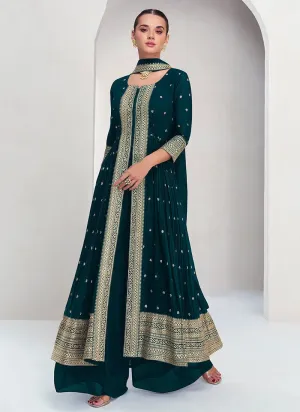 Elegant Dark Green Embroidery Traditional Palazzo Suit