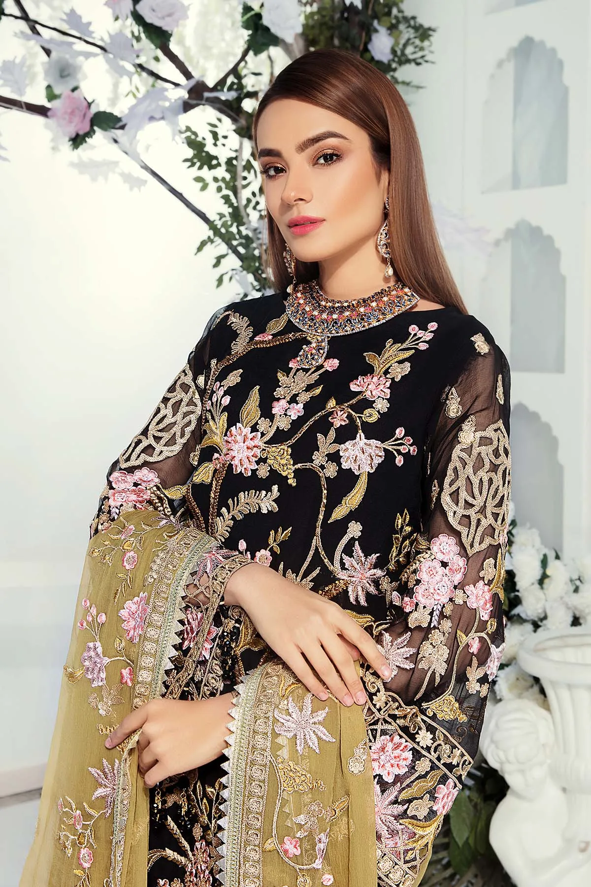 Elegant Embroidered Chiffon Dress in Black Color #J6111