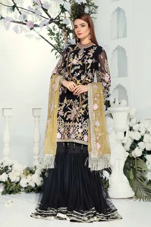 Elegant Embroidered Chiffon Dress in Black Color #J6111