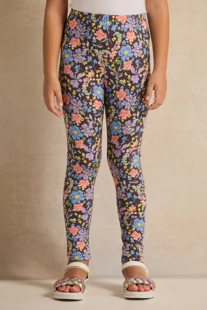 Girls Purple Floral Printed Leggings