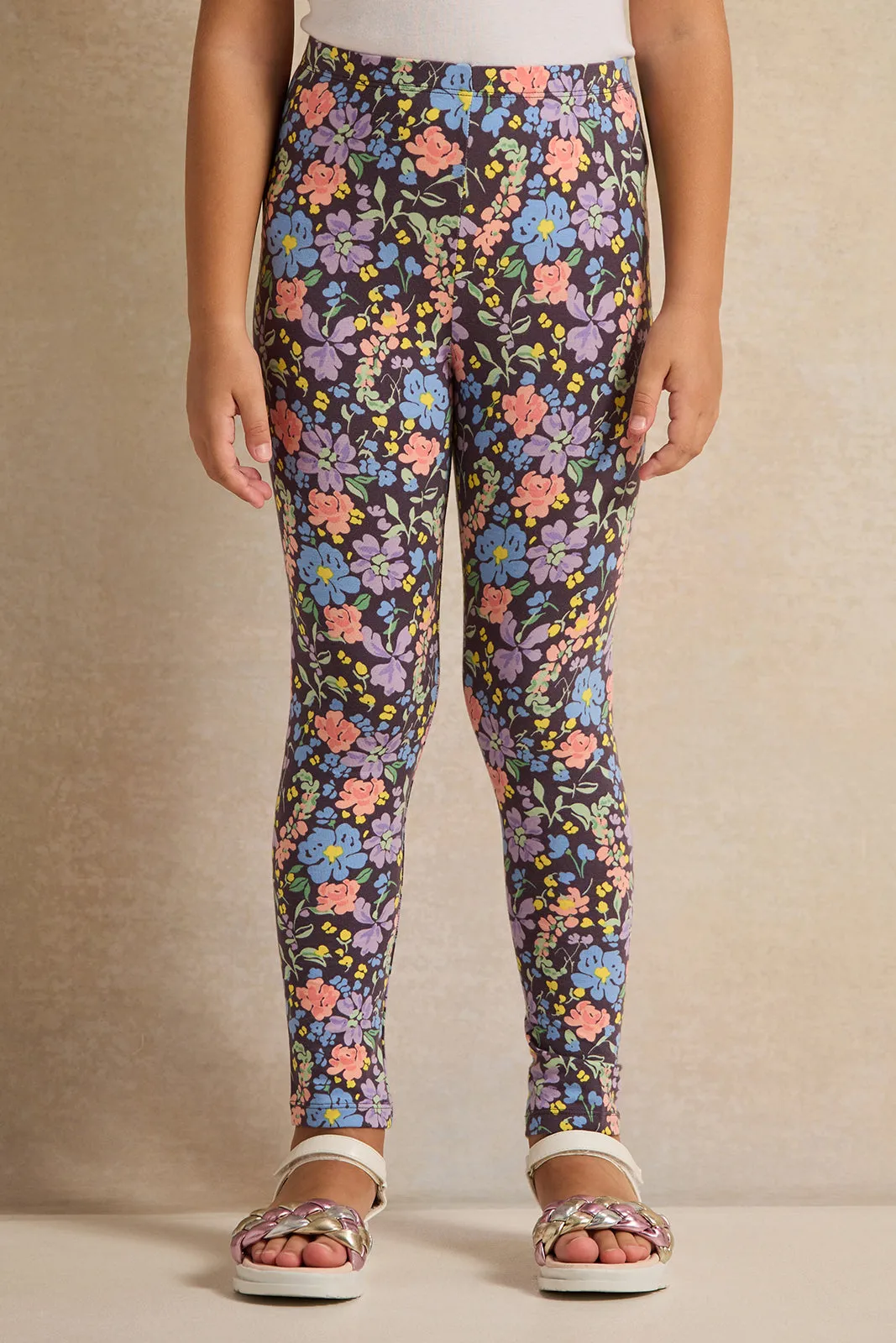 Girls Purple Floral Printed Leggings