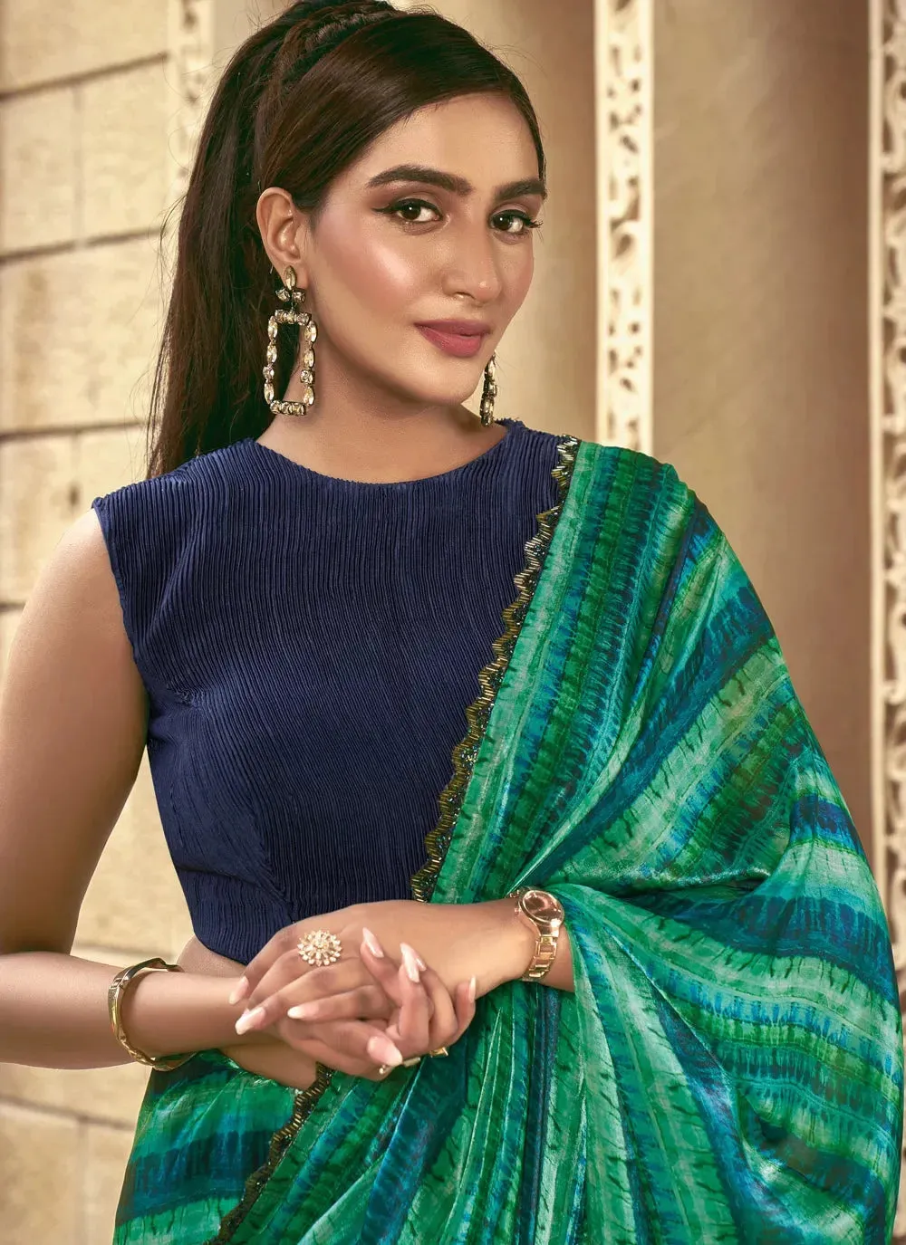 Green Colored Satin Silk Handwork Stone Printed Saree