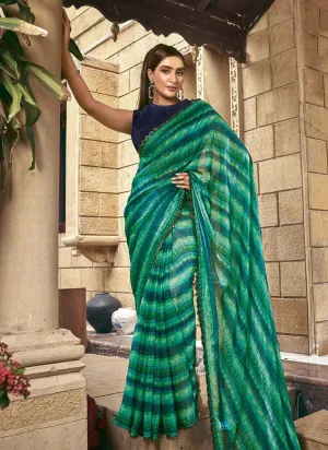 Green Colored Satin Silk Handwork Stone Printed Saree