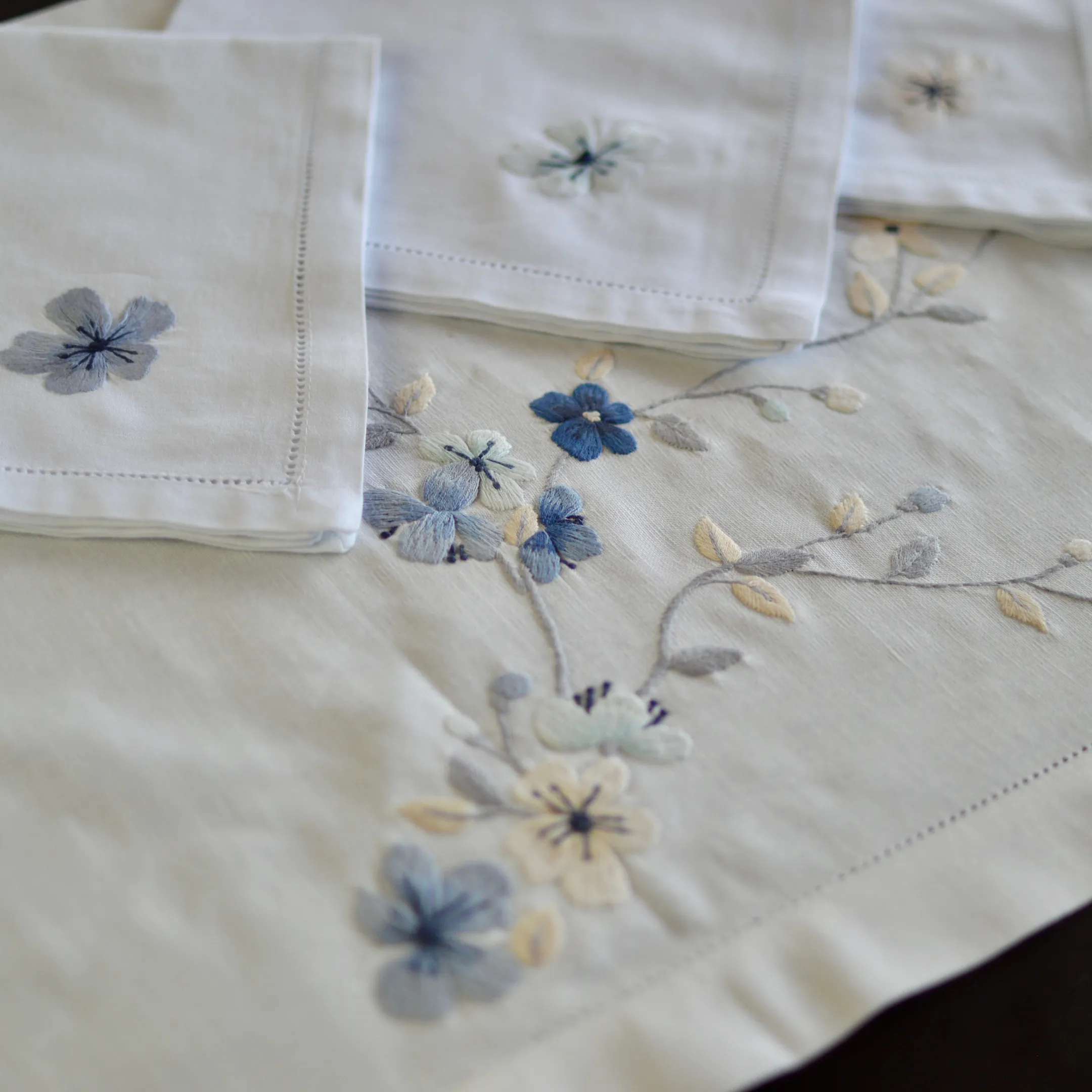 Hand embroidered Table Runner-Blue Apricot