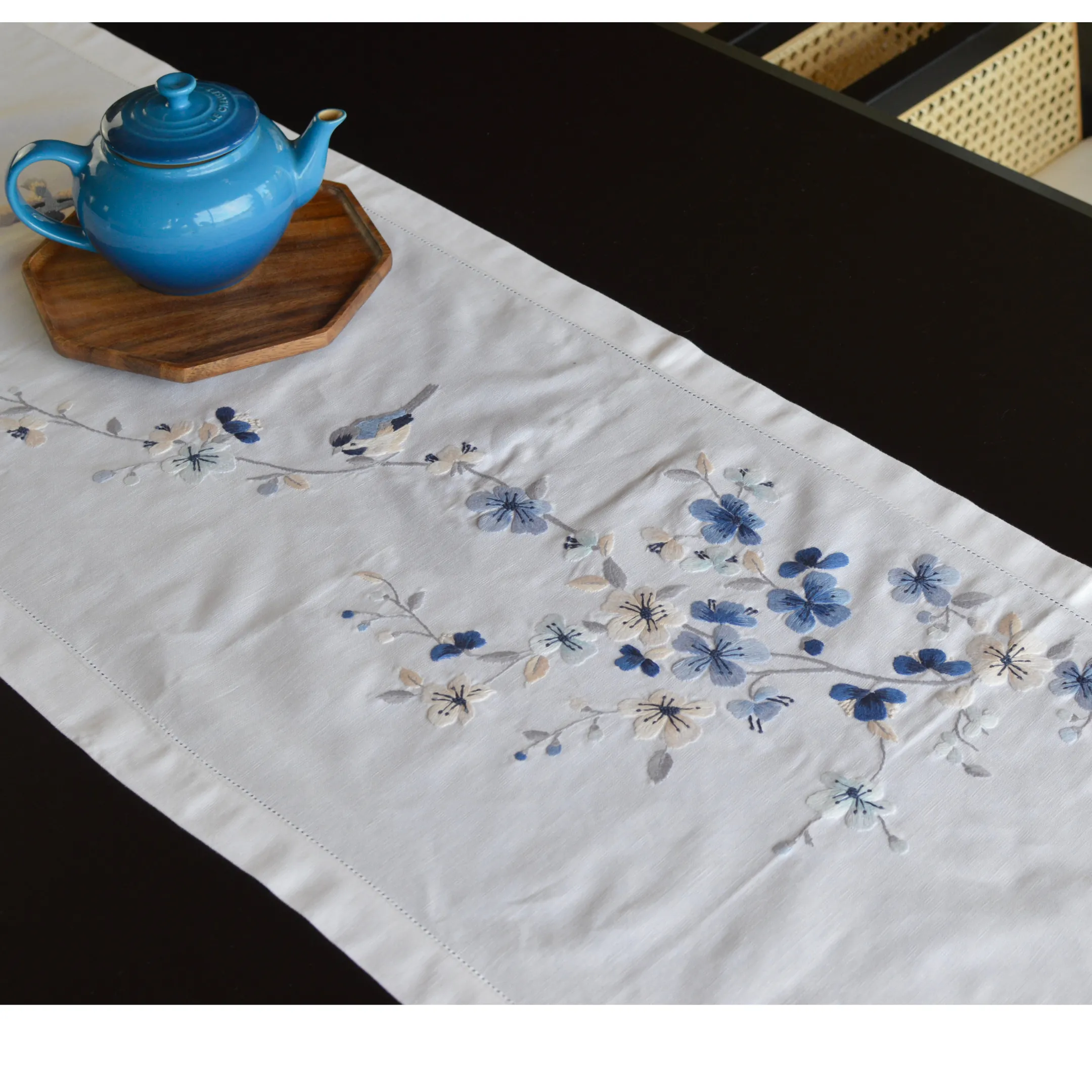 Hand embroidered Table Runner-Blue Apricot
