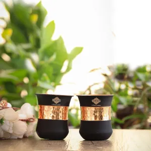 Indian Art Villa Pure Copper Half Hammered Half Silk Finish Black Coloured Glass, 320 ML