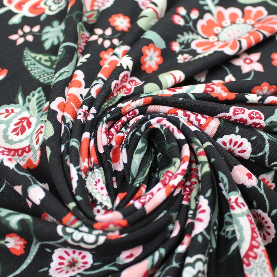 Italian 'floral on black' viscose/spandex knit