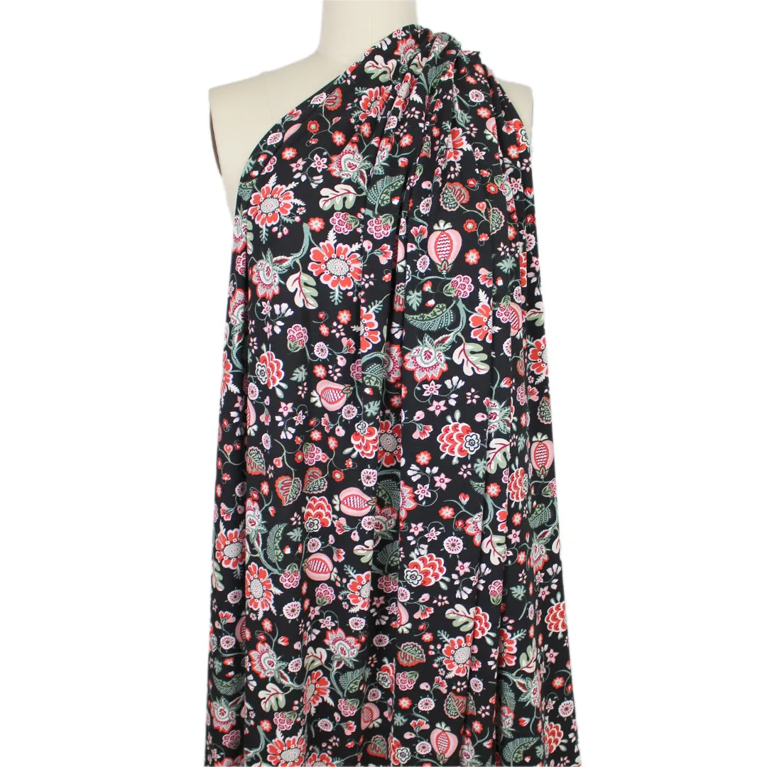 Italian 'floral on black' viscose/spandex knit