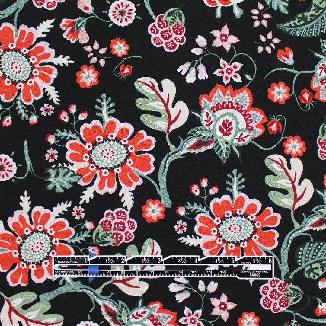 Italian 'floral on black' viscose/spandex knit