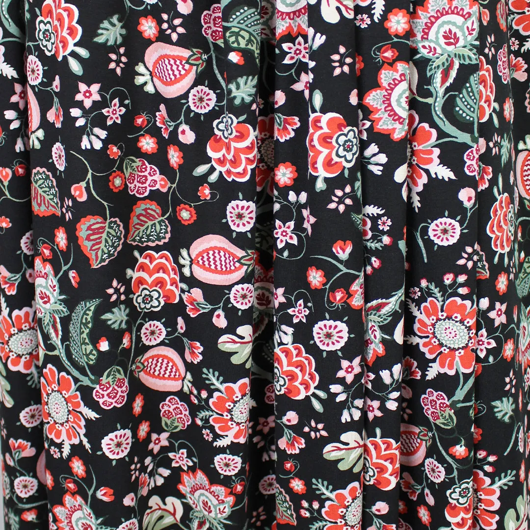 Italian 'floral on black' viscose/spandex knit