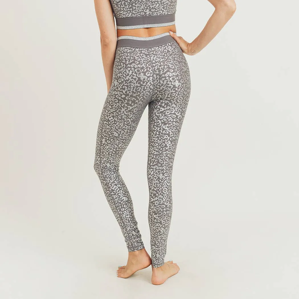 Mono B Silver Foil Leopard Print Leggings with Striped Ban