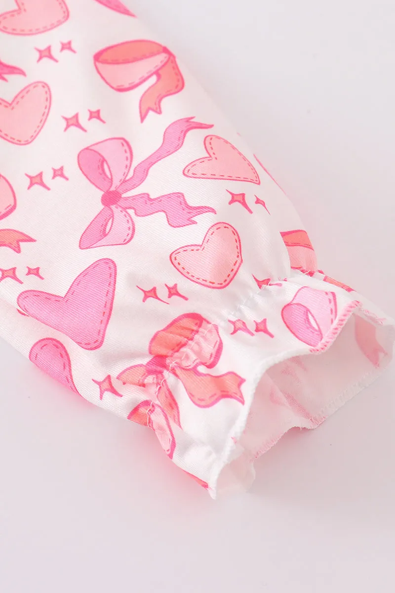 Pink valentine heart bow embroidery girl set