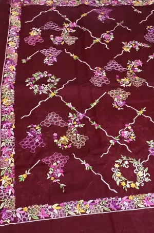 Red Hand Embroidered Parsi Gara Pure Organza Floral Design Saree