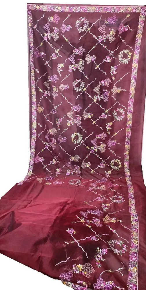 Red Hand Embroidered Parsi Gara Pure Organza Floral Design Saree
