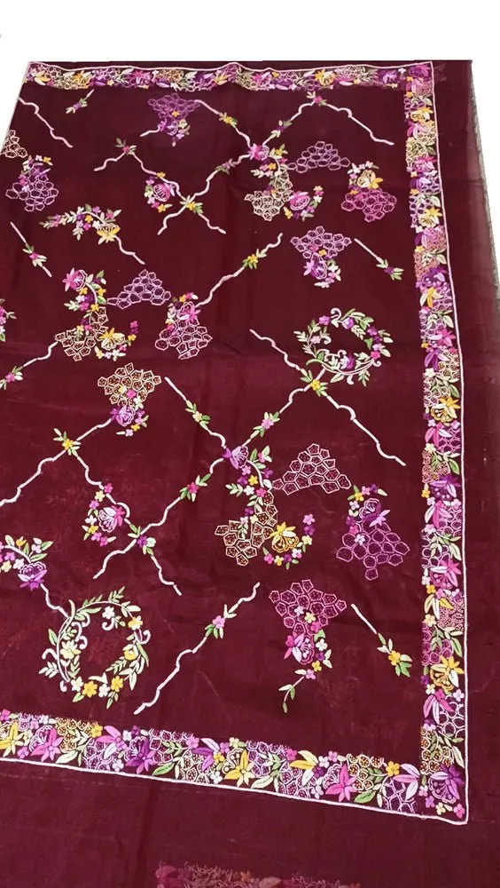 Red Hand Embroidered Parsi Gara Pure Organza Floral Design Saree