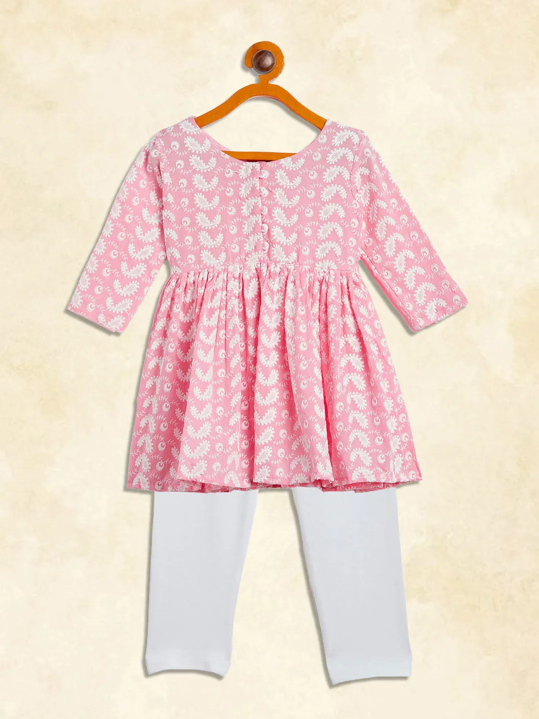 VASTRAMAY SISHU Girl's Pink And White Chikankari Kurta Leggings Set