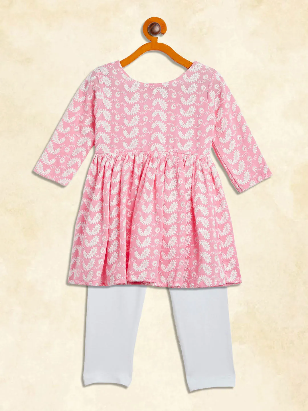 VASTRAMAY SISHU Girl's Pink And White Chikankari Kurta Leggings Set