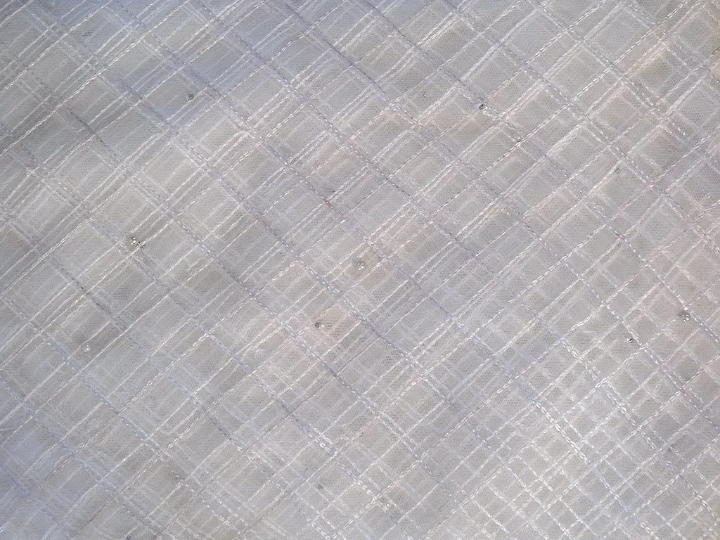 White Checks Thread Embroidered Geometric Net Fabric