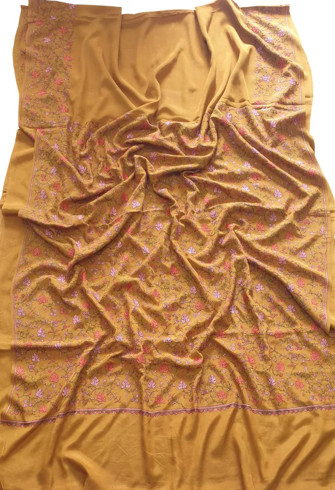 Yellow Embroidered Kashmiri Sozni Work Crepe Flower Design Saree